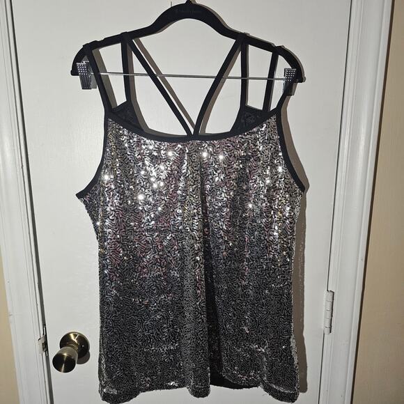 Silver Sequin Multistrap Long Tank Sz XL Sparkle New Years Holiday Stretch - Picture 9 of 10